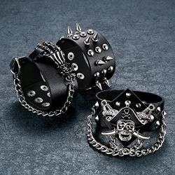 Aroncent 3pcs Black Metal Spike Studded Bracelet Goth Punk Rock Biker Costume Wide Strap Leather Bracelet Set Chain Halloween Wristband for Women Men