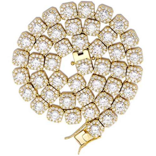 JINAO 10MM 18k Gold Plated Iced out Jumbo Square Sparkling Cluster Cubic Zirconia Tennis Link Chains for Men