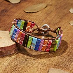 Imperial Jasper Chakra Bracelet Handmade Leather Sunflower Button Adjustable Wrap Bracelet Bohemian Multi Color Woven Natural Stone Yoga Tube Beaded Healing Jewelry for Womens Girls Friendship