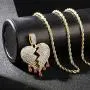 Mens Bling Iced Out Broken Heart Pendant Chain Fake Diamond Tennis Cuban with Heartbreaks 24 Inches