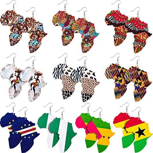 10 Pairs Wooden Earrings African Map Jewelry Ethnic Style Earring Bohemian Drop Earrings