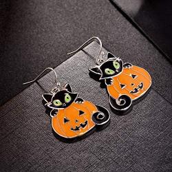 Lux Accessories Halloween Orange Pumpkin Black Kitty Cat Silvertone Dangle Earrings