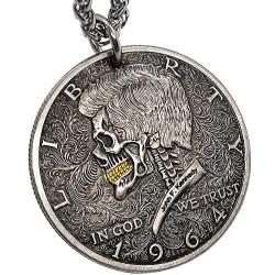 ApinJe Vintage Skull Pendant Coin Necklace Steampunk Jewelry for Men Stainless Steel Chain 27.5 Inches
