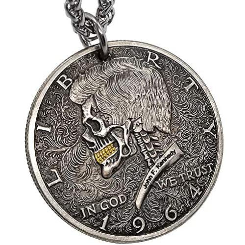 ApinJe Vintage Skull Pendant Coin Necklace Steampunk Jewelry for Men Stainless Steel Chain 27.5 Inches