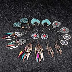 boho earrings set for women fashion bohemian drop dangle for girl with Feather Shaped tassel Vintage Jewelry for Gifts 6-12 pairs