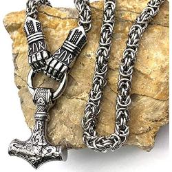 YANGFJcor Hand Made Viking Thors Hammer Pendant Necklace,Vintage Men Stainless Steel Mjolnir Odin Nordic Amulet Fists Chain Jewelry, Girl Fathers Day Giftc