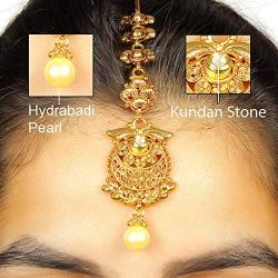 MUCH-MORE Light Weighted Gold Polish Kundan Work Maang Tikka for Girls & Women