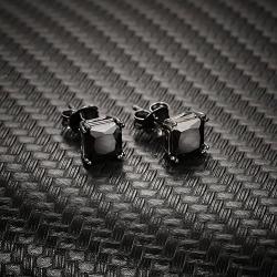 Lanroque Black Plating Sterling Silver and Black CZ Stud Earrings for Men and Women (6mm)