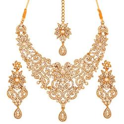 Touchstone Indian Bollywood Traditional Royal Look Attractive Filigree Carving Rhinestone Grand Bridal Designer Jewelry Necklace Set for Women