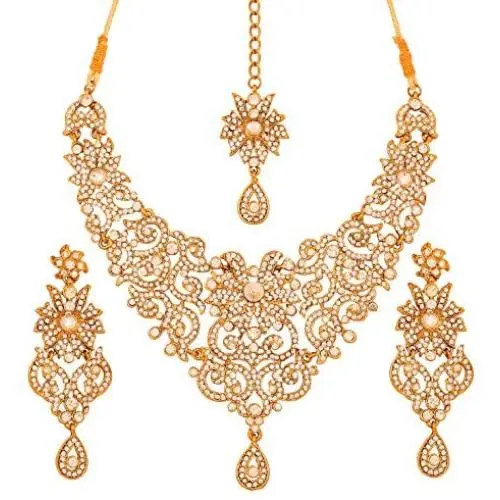 Touchstone Indian Bollywood Traditional Royal Look Attractive Filigree Carving Rhinestone Grand Bridal Designer Jewelry Necklace Set for Women Touchstone Indian Bollywood Traditional Royal Look Attractive Filigree Carving Rhinestone Grand Bridal Designer Jewelry Necklace Set for Women