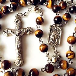 elegantmedical CATHOLIC Tiger Eye & Silver Rose Beads ROSARY CROSS crucifix necklace