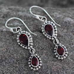 NOVICA Garnet .925 Sterling Silver Teardrop Dangle Hook Earrings Halo of Beauty