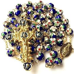 elegantmedical HANDMADE GOLD BLUE CLOISONNE ROSE BEADS ROSARY ITALY CROSS CRUCIFIX CATHOLIC NECKLACE BOX