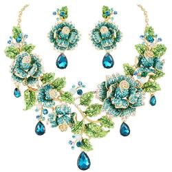 EVER FAITH Austrian Crystal Elegant Rose Flower Leaf Teardrop Neckalce Earrings Set