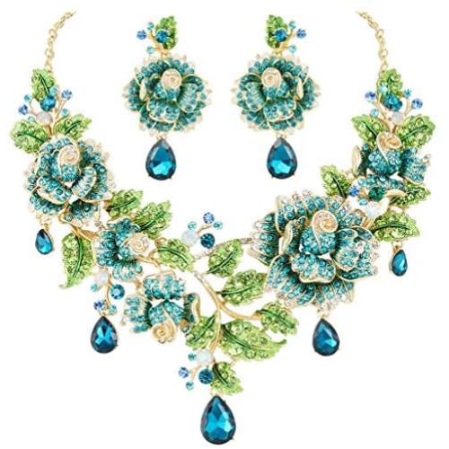 EVER FAITH Austrian Crystal Elegant Rose Flower Leaf Teardrop Neckalce Earrings Set