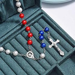 Patriotic Rosary Beads Catholic - Confirmation Gifts for Teenage Girl, Imitation Pearl Religious Rosary Necklace Jewelry, Red White Blue Tricolor Rosary Alloy Cross Necklace for Women, SUNYUE