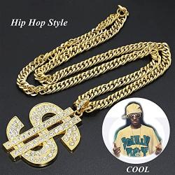 Finrezio Gold Plated Necklace for Men Hip Hop Jewelry Dollar Sign Pendant