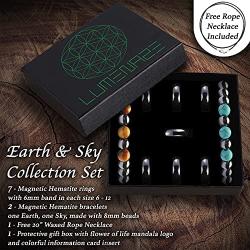 LUMENAZE Genuine Magnetic Hematite Ring and Bracelet Set With FREE Rope Necklace, Natural Healing Power, Absorbs Negative Energy & Anxiety, Balance Root Chakra, Assorted Ring Size, Unisex Women Men