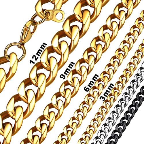 Bandmax 316L Stainless Steel Men Cuban Curb Link Chain Necklace Gift 3mm/6mm/9mm/12mm Width Heavy Dense Punk Miami Necklace for Men Jewelry 141822262830,18K Gold/Black Plated(Brand Box)