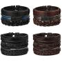 Jstyle 12Pcs Braided Leather Bracelet for Men Women Cuff Wrap Bracelet Adjustable Black and Brown (A:12Pcs)