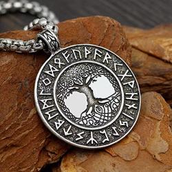 GuoShuang Norse Vikings Runes Amulet Pendant Necklace The Tree of Life Runes Pendant Necklace Nordic Talisman