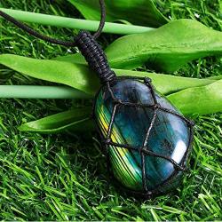 Labradorite Crystal Pendant Necklace, Hand-Knitted Reiki Healing Chakra Crystal Necklace, Natural Polished Palm Blue Moonstone Labradorite Raw Stone Jewelry for Women Men(2Pcs)