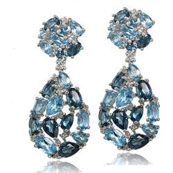 Sterling Silver London Blue, Swiss Blue and White Topaz Cluster Tonal Teardrop Dangle Earrings