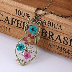 PAMTIER Womens Pressed Flower Pendant Vintage Alloy Animal Cute Cat Necklace