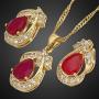 RIZILIA Pear Cut Red Ruby Yellow Gold Plated Jewelry Set, Pendant with 18'' Chain Stud Earrings