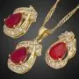 RIZILIA Pear Cut Red Ruby Yellow Gold Plated Jewelry Set, Pendant with 18'' Chain Stud Earrings RIZILIA Pear Cut Red Ruby Yellow Gold Plated Jewelry Set, Pendant with 18'' Chain Stud Earrings