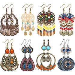 8 Pairs Bohemian Earrings Metal Earrings Hollow Earrings Retro Dangle Earrings Boho Hoop Earrings Set for Women Girls