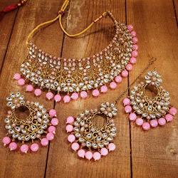 I Jewels 18k Gold Plated Indian Bollywood Wedding Faux Beads Choker Jewelry Set with Maang Tikka for Women