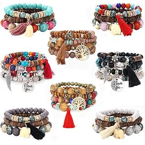 YADOCA 8 Pcs Bohemian Wood Beaded Bracelets Set for Women Boho Multilayer Tassel Strand Elephant Charm Bracelets Stretch YADOCA 8 Pcs Bohemian Wood Beaded Bracelets Set for Women Boho Multilayer Tassel Strand Elephant Charm Bracelets Stretch