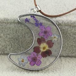 FM FM42 Multicolor Pressed Dried Flowers Moon Shape Pendant Necklace