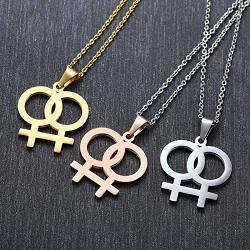 Ropman 2 Pcs Gay & Lesbian Rainbow LGBT Pride Women Gold & Silver, Rose Gold Stainless Steel Pendant Necklace for Couples,
