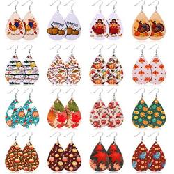 16 Pairs Thanksgiving Fall Faux Leather Earrings Maple Leaves Turkey Teardrop Dangle Earrings Women Autumn Jewelry Accessory