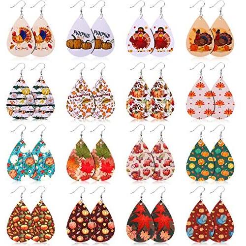 16 Pairs Thanksgiving Fall Faux Leather Earrings Maple Leaves Turkey Teardrop Dangle Earrings Women Autumn Jewelry Accessory