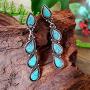 D.Rosse Unique Indian Ethnic Long Retro Turquoise Link Teardrop Dangle Drop Earrings Boho Gypsy Geometric Waterdrop Vintage Silver Stud Earrings for Women Girls Statement Jewelry