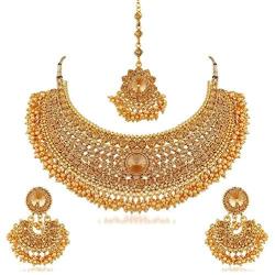 Crunchy Fashion Bollywood Style Gold Plated Traditional Indian Jewelry Necklace Set with Earrings & Tika