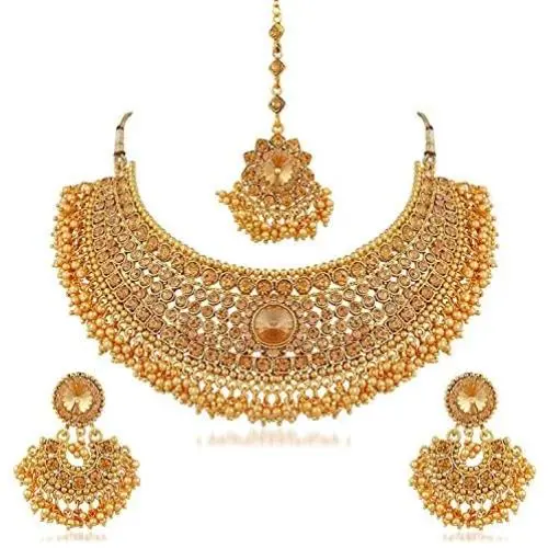Crunchy Fashion Bollywood Style Gold Plated Traditional Indian Jewelry Necklace Set with Earrings & Tika Crunchy Fashion Bollywood Style Gold Plated Traditional Indian Jewelry Necklace Set with Earrings & Tika