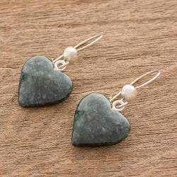 NOVICA Jade .925 Sterling Silver Heart Shaped Dangle Earrings, Love Immemorial