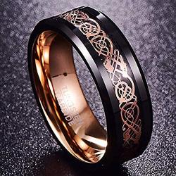 NUNCAD Mens 8mm Black Tungsten Carbide Wedding Ring Celtic Tungsten Ring Celtic Dragon Inlay Polished Finish Size 5-15