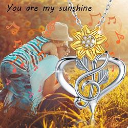 JUSTKIDSTOY Sunflower Necklace S925 Sterling Silver - You are My Sunshine Necklace Sun Flower Heart Pendant Musical Note Jewelry Gifts for Women Mom Mothers Day Birthday