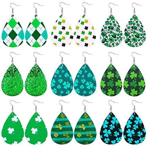 St.Patrick’s Day Leather Earring Set for Women Girls Green Glitter Earrings Lightweight Teardrop Dangle Earring Fashion Holiday Earring Jewelry Gifts