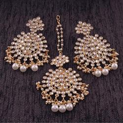 I Jewels Gold Plated Kundan & Pearl Earring Set with Maang Tikka for Women