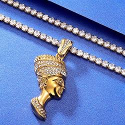 ROWIN&CO Hip Hop Iced Out Bling CZ Diamond Gold Silver Vivid Egyptian Queen Nefertiti Charm Pendant Personalized Jewelry CZ Tennis Choker Chain Necklace