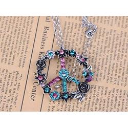 Alilang Silver Tone Retro Pink Blue Flower Crystal Rhinestone Hippie Peace Symbol Pendant Necklace