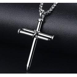 AILUOR Vintage Nail Cross Charm Pendant Necklace, Mens Stainless Steel Christian Chain Jewelry Polished