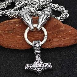 GuoShuang Men Stainless Steel Bear Head Norse Viking Amulet Pendant Necklace Handmade Chain