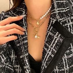 CRIVEER Multirow Necklace with Knot Pendant and Pearl in Gold Weight 17g